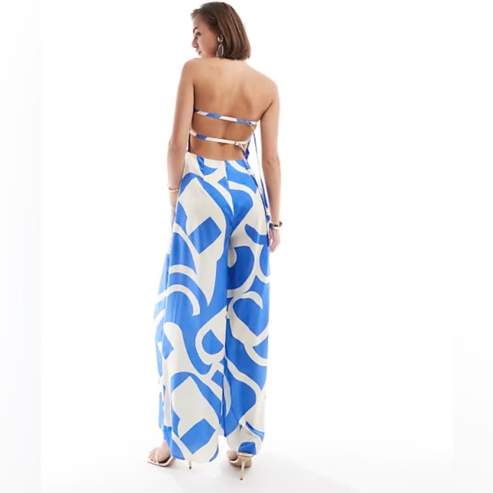 NEW ASOS bandeau‎ scarf satin jumpsuit blue abstract print wide leg size 2